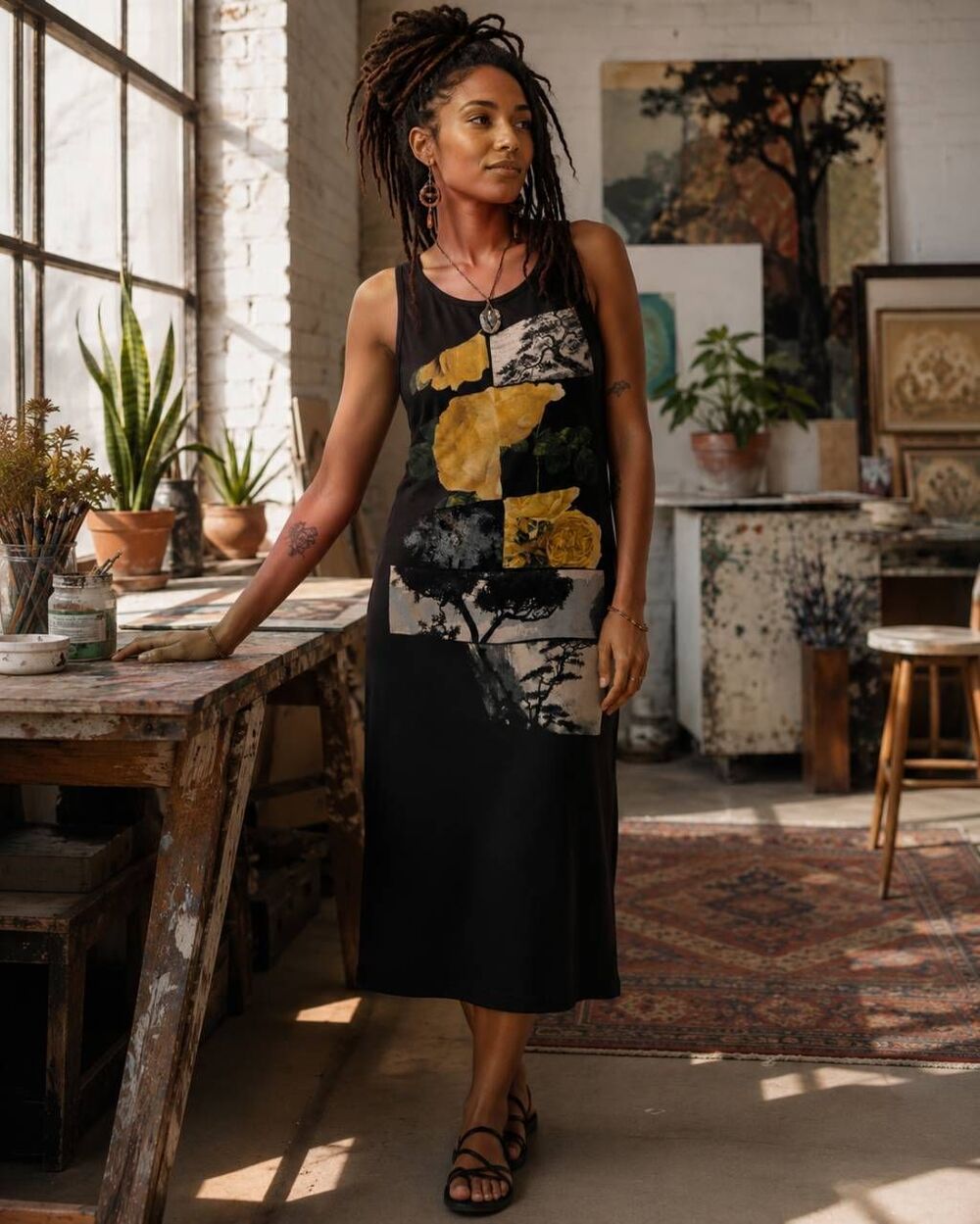 M. Rena Womens Sleeveless Artsy Graphic Print Midi Tank Dress Black Size OS